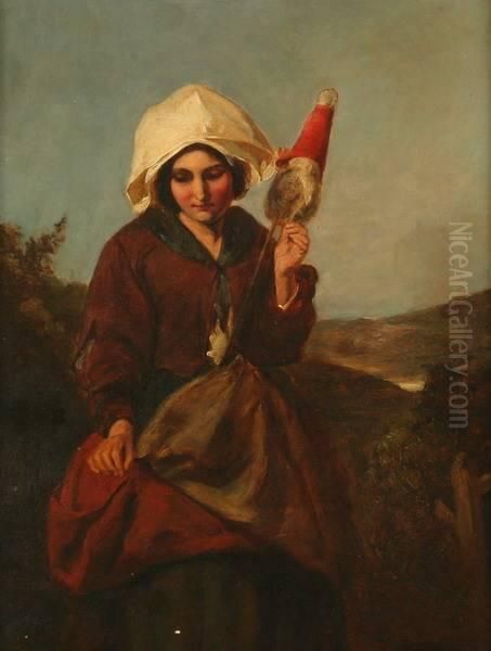 Girl Spinning Wool With Distaff - view 1