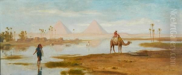 Figures On The Nile With Pyramids Beyond - view 1