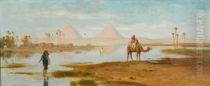 Figures On The Nile With Pyramids Beyond by Frederick Goodall