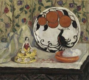 Still Life With Porcelain Figure, Plate And Bowl On A Table by Boris Dmitrievich Grigoriev