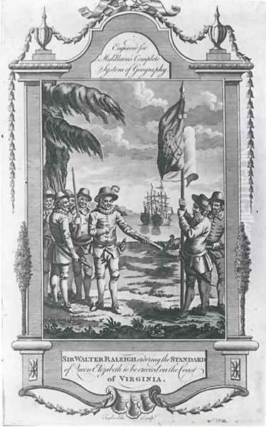 Sir Walter Raleigh 1552-1618 ordering the standard of Queen Elizabeth to be erected on the coast of Virginia, 1584, engraved by the artist for Middletons Complete System of Geography - view 1