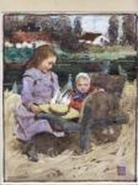 Two Sisters Playing By A River - view 1