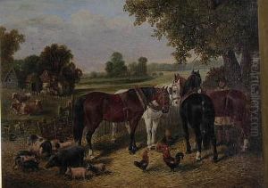 A Farmyard Scene With Horses, Pigs And Chickens, An Extensive Landscape Beyond