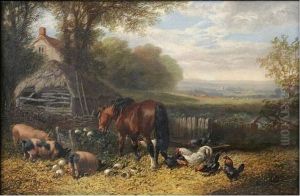 A Farmyard Scene, Before An Extensive Landscape by John Frederick Herring Snr