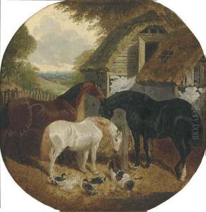 Horses, Ducks And A Goat, In A Farmyard
