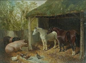 Horses, Ducks And Pigs In A Farmyard by John Frederick Herring Snr