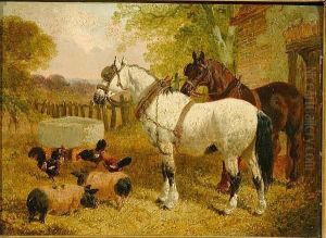 A Farmyard Scene With Horses, 
Chickens And A Goat; A Farmyard Scene With Horses, Pigs And Chickens by John Frederick Herring Snr