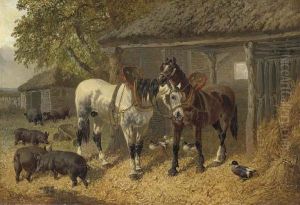 Horses, Pigs And Ducks In A Farmyard