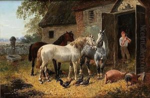 Three Horses Outside A Stable