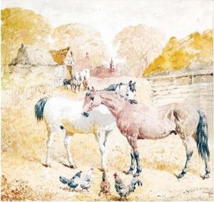 Horses And Chickens In A Farmyard by John Frederick Herring Snr