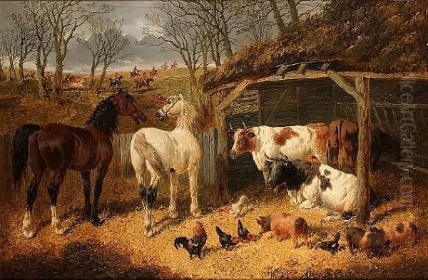 A Farmyard Scene With A Hunt Passing In The Distance - view 1