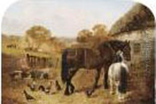 Horses, Pigs And Chickens In A Farmyard - view 1