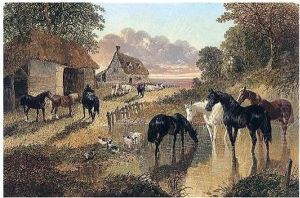 The Evening Hour- Horses And Cattle By A Stream At Sunset by John Frederick Herring Snr