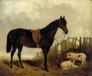 A Saddled Dark Brown Hunter With Two Dogs In A Landscape