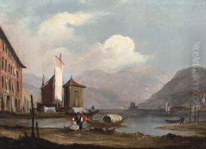 Figures On The Bank Of An Italianate Lake by James Holland