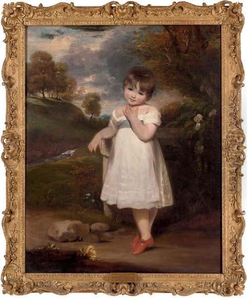 Portrait Of Emma Laura Whitbread
(d. 1857), Full-length, In A White Dress With A Blue Sash And A Coral
Necklace, In A Wooded Landscape - view 1