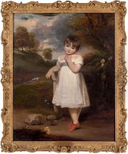 Portrait Of Emma Laura Whitbread
 (d. 1857), Full-length, In A White Dress With A Blue Sash And A Coral 
Necklace, In A Wooded Landscape