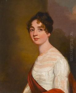 Portrait Of A Lady, Bust-length, In White With A Red Wrap by John Hoppner