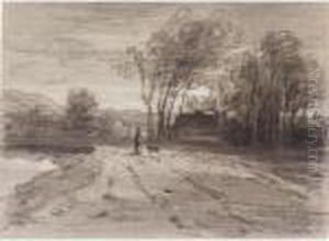 A Figure With A Dog On A Path By A Lake, A Cottage And Woodland Beyond