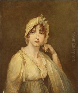 R.a., A Portrait Of A Lady, Half
Length, Wearing A White Dress With A White Cap And Blue Ribbons by John Hoppner