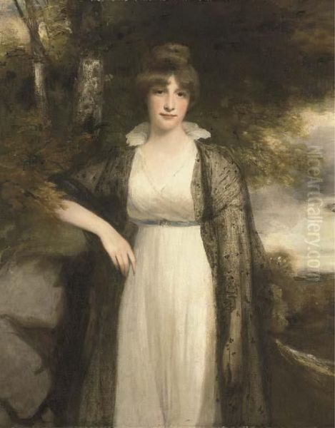 Portrait Of Eleanor Agnes, Wife 
Of Robert, 4th Earl Ofbuckinghamshire, Three-quarter-length, In A White 
Dress And A Blackshawl, In A Wooded Landscape - view 1