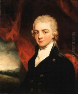 Portrait Of A Gentleman, Bust Length, Seated Before A Red Curtain,a Landscape Beyond