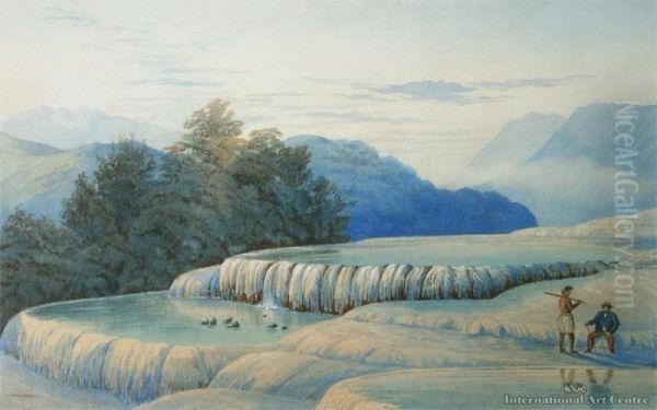 White Terrace With Maori & European
Figures - view 1