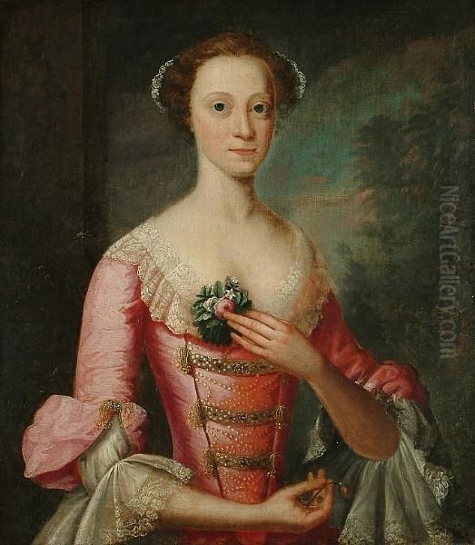 Portrait, Half Length, Of A 
Young Lady Lady Wearing A Dusty Pink Satin Dress Decorated With Pearls, 
Gold Braid And Lace - view 1