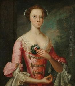 Portrait, Half Length, Of A 
Young Lady Lady Wearing A Dusty Pink Satin Dress Decorated With Pearls, 
Gold Braid And Lace