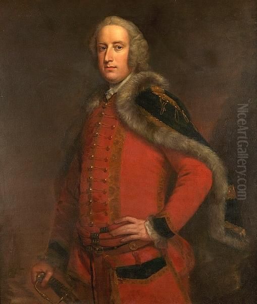 Portrait Of An Officer, Standing
 Three-quarter-length, In A Scarlet Frock Coat With A Blue, Fur-lined 
Cloak, His Hand Resting On A Sword - view 1