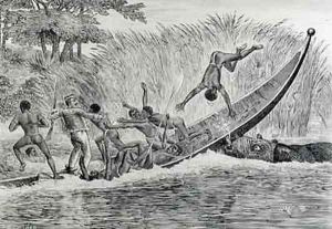 Enraged Hippopotamus Upsetting a Boat by J.M. Corner