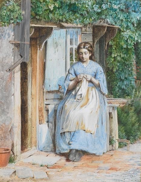 A Young Girl Sewing - view 1