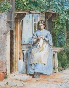 A Young Girl Sewing by George Goodwin Kilburne