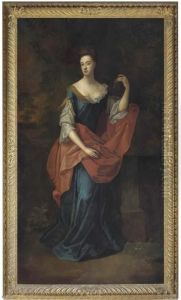 Portrait Of A Lady, Full-length,
 In A Blue Dress And Red Wrap, Resting Her Left Arm On A Plinth, In 
Landscape