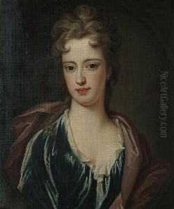 Portrait Bust Length Of A Lady, Wearing A Blue Dress With A Red Shawl