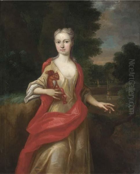 Portrait Of A Lady, 
Three-quarter-length, In A Yellow Dress Andscarlet Wrap, Holding A 
Squirrel In Her Right Hand, In An Extensivelandscape - view 1