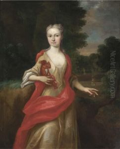 Portrait Of A Lady, 
Three-quarter-length, In A Yellow Dress Andscarlet Wrap, Holding A 
Squirrel In Her Right Hand, In An Extensivelandscape