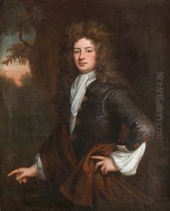 Portrait Of Charles Montagu, 1st
 Earl Of Halifax, Half-length, In A Dark Blue Coat With A Brown Wrap And
 White Jabot