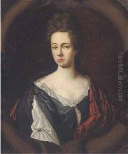 Portrait Of A Lady, Half-length,
 Wearing A White And Black Dresswith A Red Wrap, In A Sculpted Cartouche