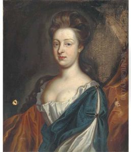 Portrait Of A Lady, Half-length, Wearing A Blue And White Dresswith A Gold Wrap