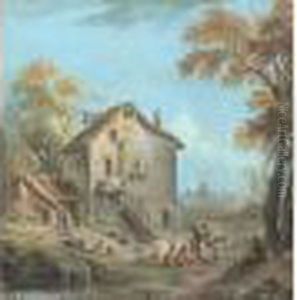 Ferme Et Paysan Au Bord De La Riviere by Jean-Baptiste Lallemand