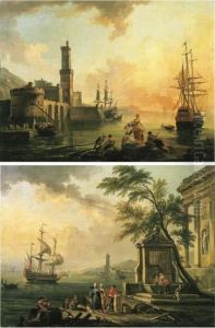 Fishermen And Courtesans In A
Mediterranean Port At Sunset; Andfishermen And Turkish Merchants In A
Mediterranean Port Andsunrise by Jean-Baptiste Lallemand