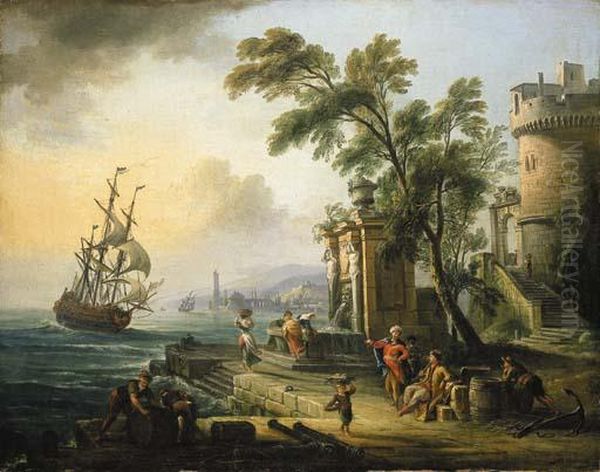 A Capriccio Of A Mediterranean Port With Oriental Figures, A Man-o-war At Sea Beyond - view 1