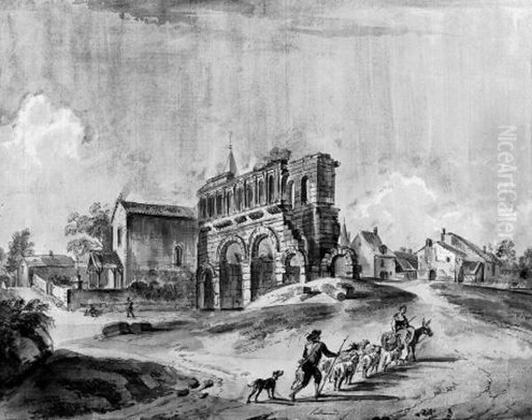 The Ruins Of A Roman Gate Outside A Village With Peasants And Theirflocks - view 1