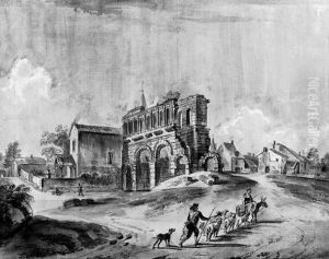 The Ruins Of A Roman Gate Outside A Village With Peasants And Theirflocks