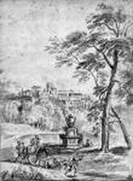 An Extensive Italianate Landscape With Shepherds By A Classicalmonument - view 1