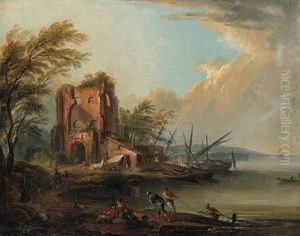 A Coastal Landscape With Fishermen And Beached Boats By Afarmhouse