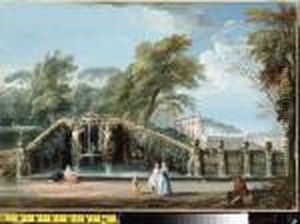 The Garden Of A Roman Villa With Figures By A Fountain Decoratedwith Atlanti by Jean-Baptiste Lallemand