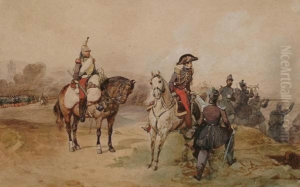 Two Mounted Offices Surveying A Battle - view 1