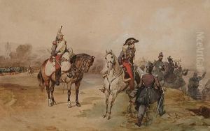 Two Mounted Offices Surveying A Battle by Eugene Louis Lami